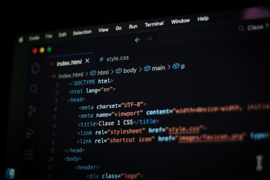 A close-up view of a computer screen displaying HTML code with syntax highlighting, including tags such as <html>, <head>, <title>, and <link>, with additional menu options vis