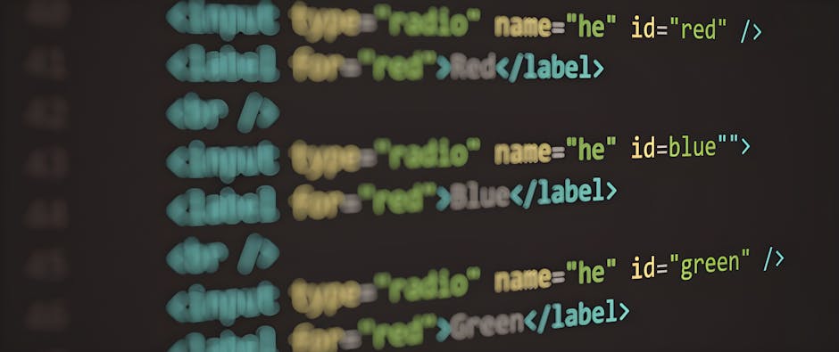 A close-up of a computer screen displaying lines of HTML code with colorful syntax highlighting, featuring tags such as 'label' and 'input' elements in shades of green, blue, and yellow. The code appe
